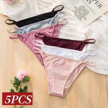 5Pcs/set Cotton Panties Women Low Waist Adjustable Metal Slider Straps Bikini Briefs Breathable No Show Ladies Daily Underwear