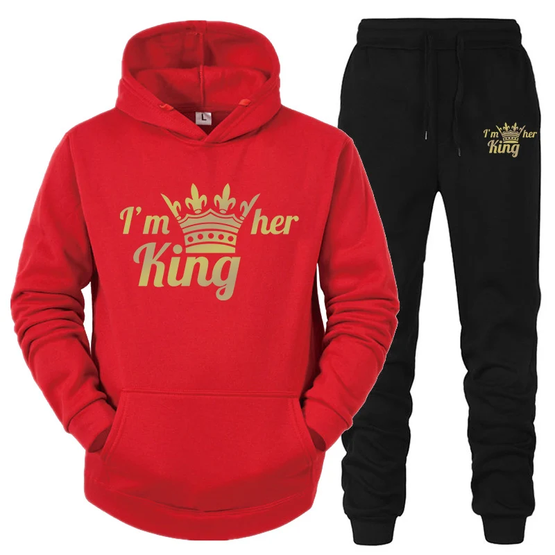 Lover Tracksuit King or Queen Pirnted Hooded Sweatshirts and Jogger Pants 2Pieces Set Classic Fashion Casual Couple Sportswear