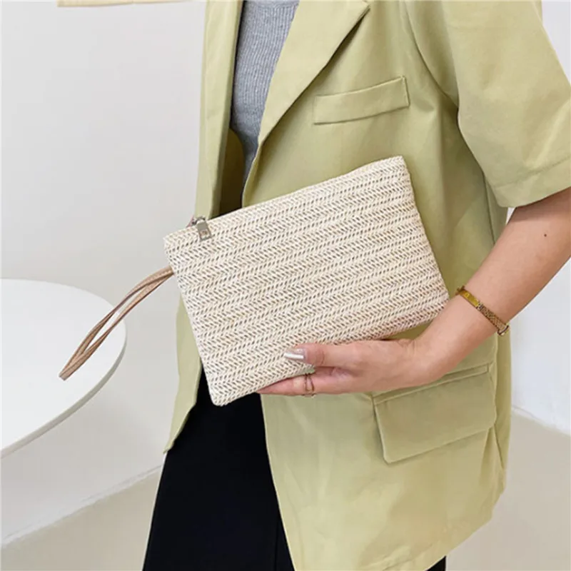 Clutch Bag for Women Handmade Backpack Fashion Ladies Wristlet Girl Phone Solid Straw Woven Coin Purse Beach Wallet Fresh Sweet - 2