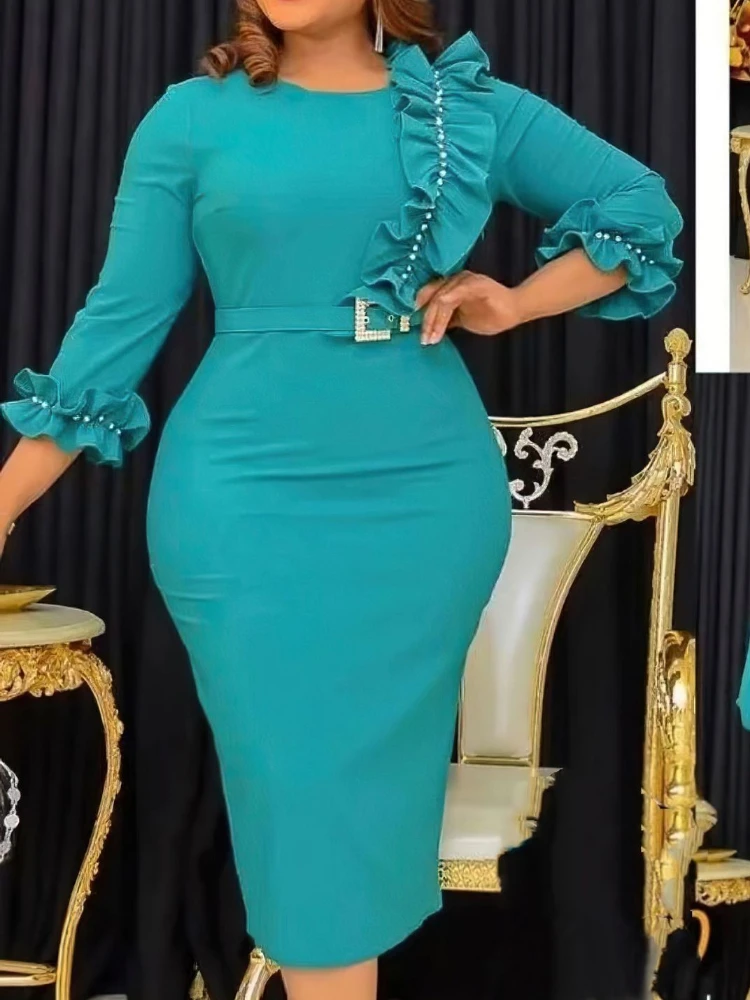 Sexy Partykleid für Damen, O-Ausschnitt, halbe Ärmel, elegantes Rüschendetail und Gürtel, schmale Passform, Paket, Hüfte, Midi, figurbetontes Kleid