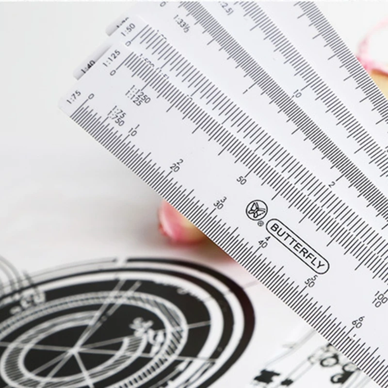 Drafting Fan Shaped Plastic Architect Engineering Metric Scale Ruler Straight Clear Through Measuring Tool for Student