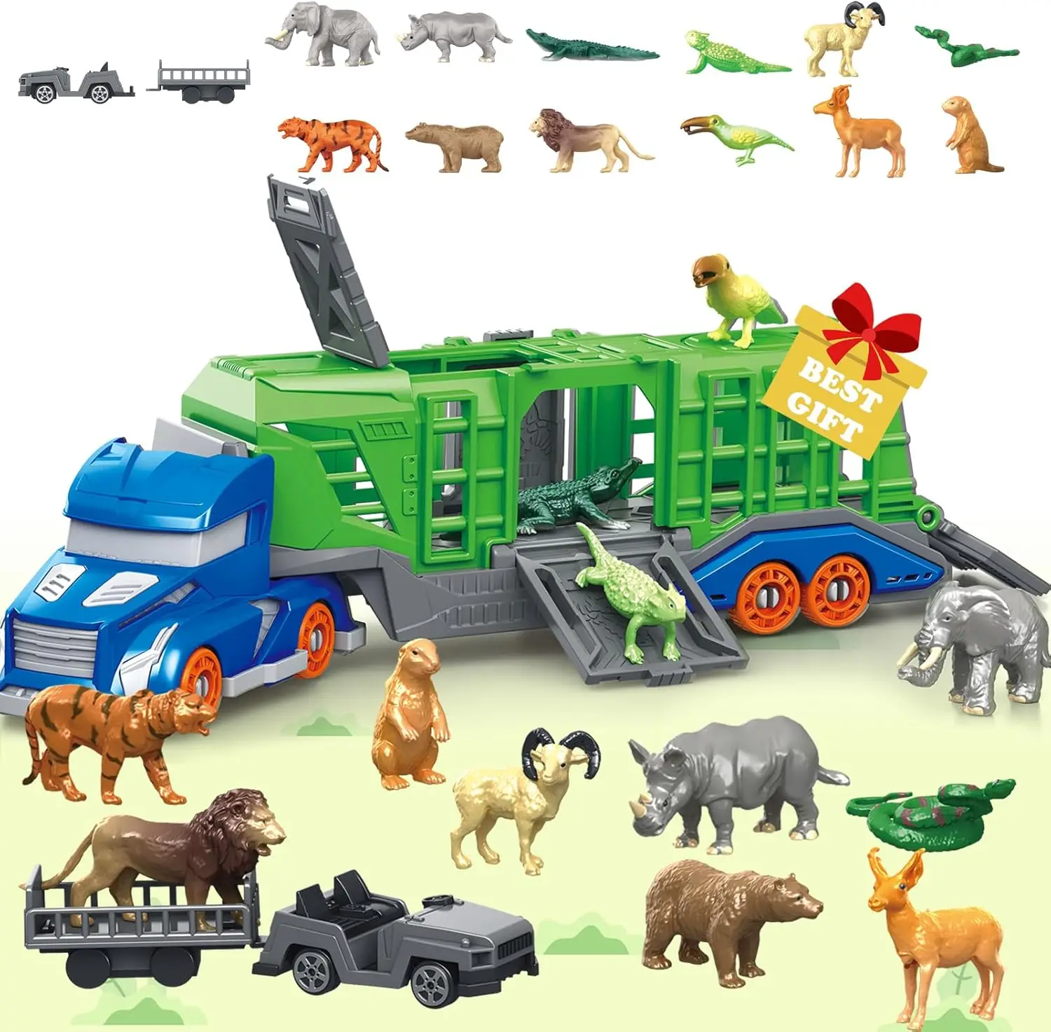 Dinosaur Animal Transport Vehicle Toy Set Includes 1 Transport Vehicle, 12 Dinosaurs or Animals, 2 Small Transfer Vehicles. the Transport Vehicle Features a Rotating Cab and 4 Doors That Can Be Opened - 5