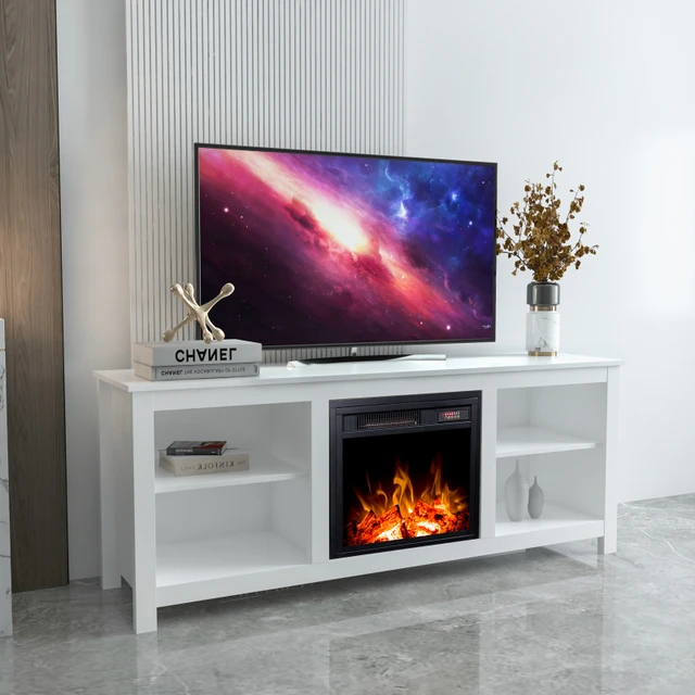 white tv cabinet electric fireplace tv console, plug-in wall heater remote  control set, living room