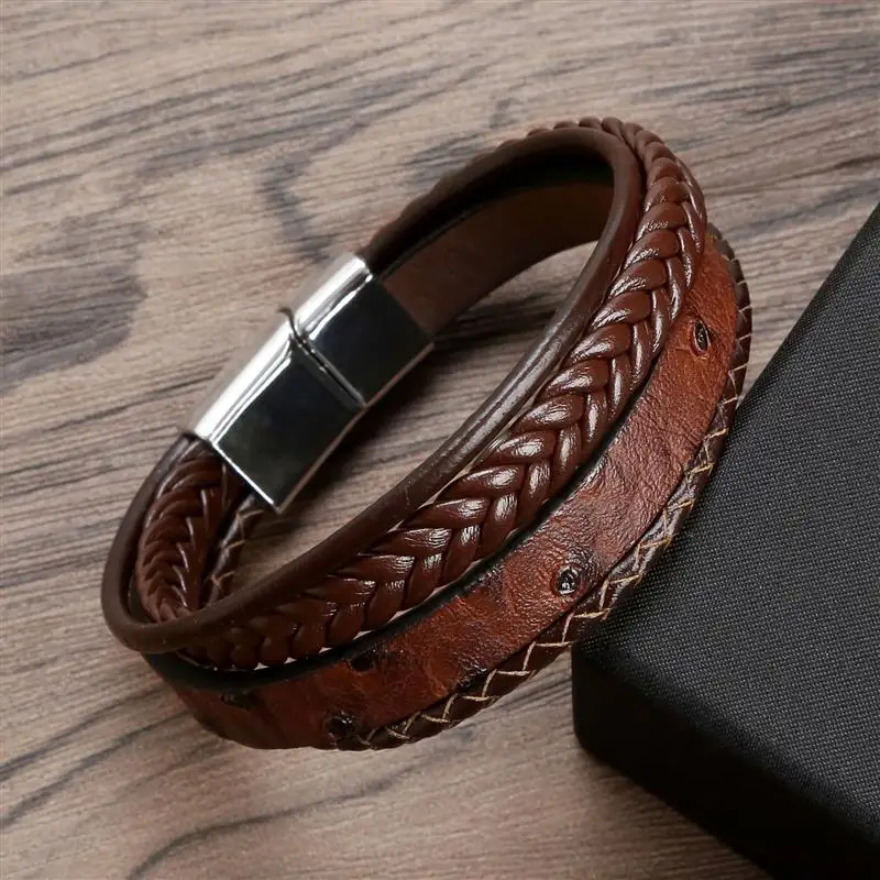 Leather Bracelet Men's Braided Rope Bangle Multilayer Jewelry Wristband