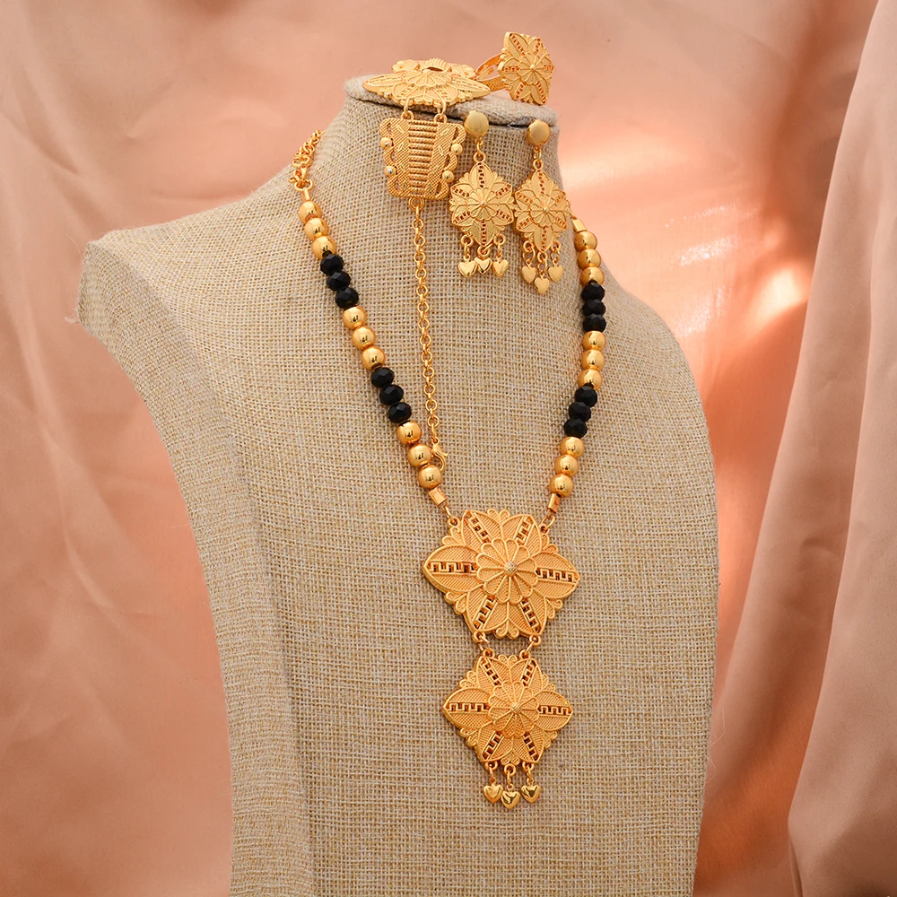 Dubai Jewelry Sets Gold Color For Women Necklace Earrings Flower