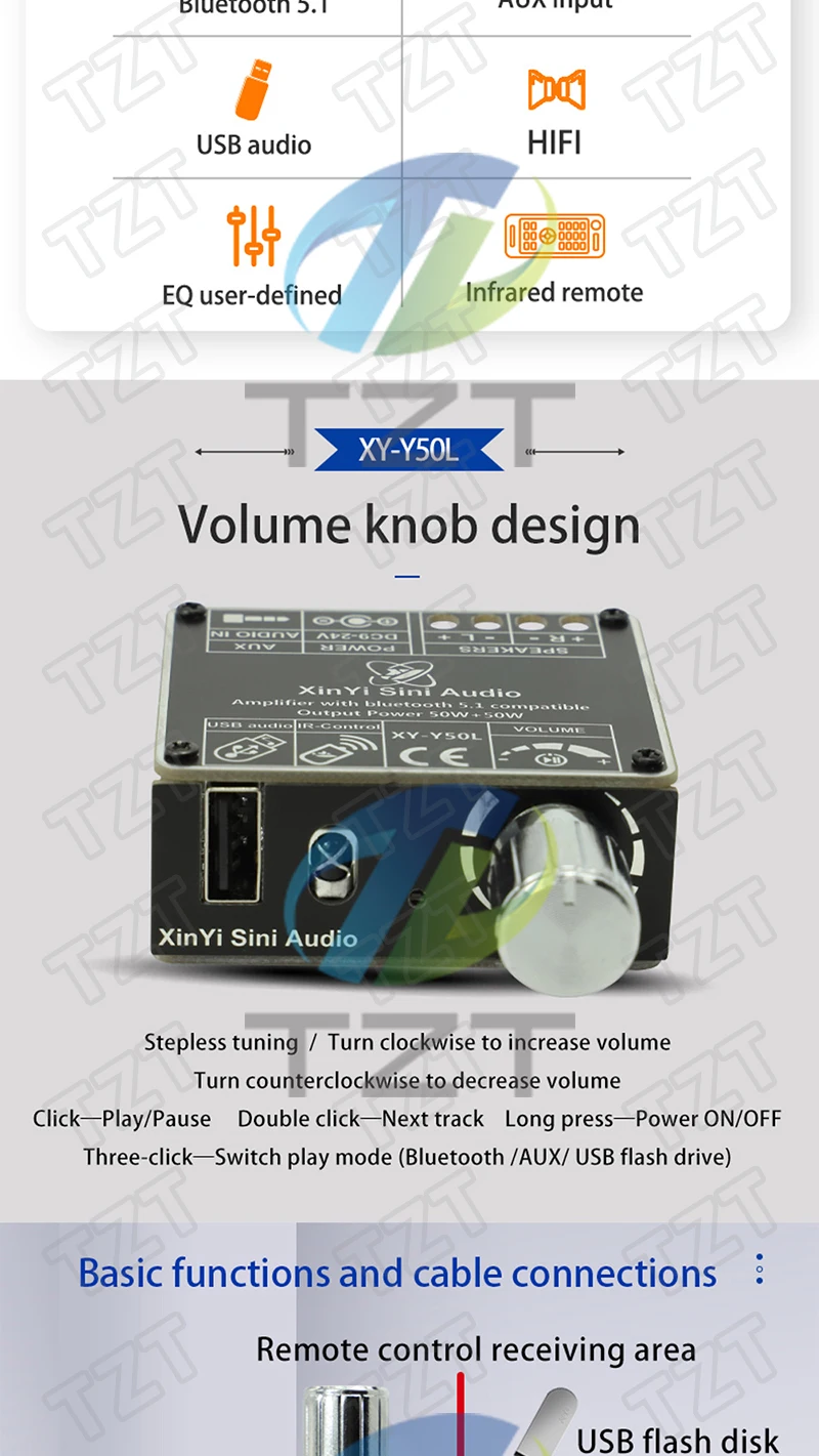 XY-Y50L Stereo BT Bluetooth-Kompatibel 5,1 AUX USB Audio Digital Power Verstärker Bord Modul 50W + 50W infrarot Fernbedienung – Detail 2