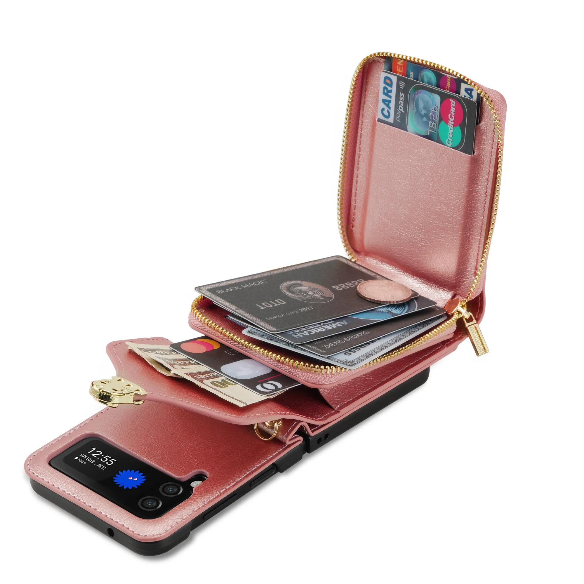 Elegant Crossbody Leather Wallet Case with Long Lanyard and Zipper Card Holder Purse Cover