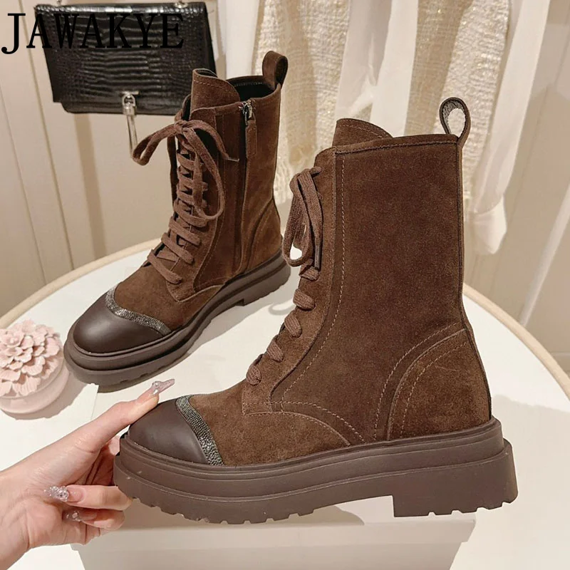 

Fashion Women Motorcycle Boots Round Toe Thick Sole Short Ankle Boots Leisure Outdoor Lace Up Winter Women Shoes Designer Boots