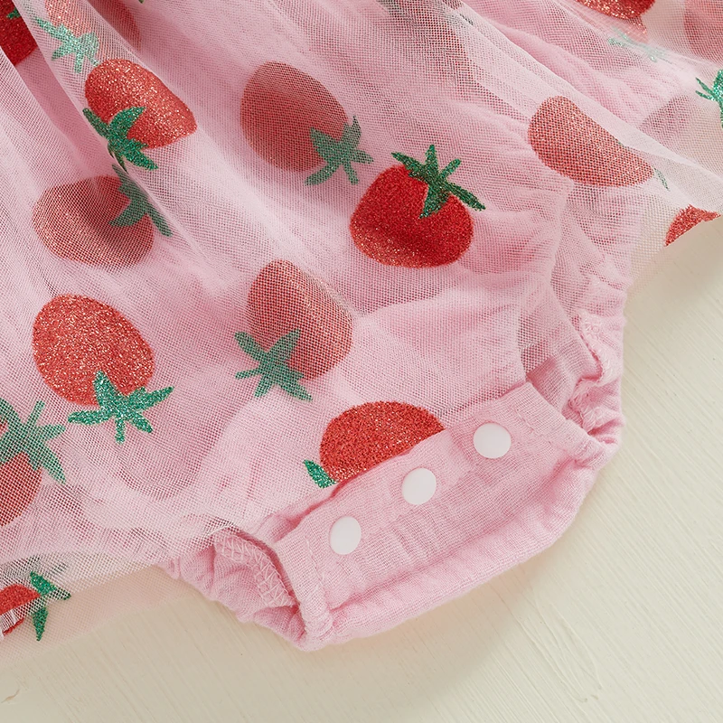 FOCUSNORM Schöne Baby Mädchen Geburtstag Strampler Kleid 0-18M Ärmellose Brief Erdbeere Stickerei Tüll Overalls mit Stirnband – Detail 3