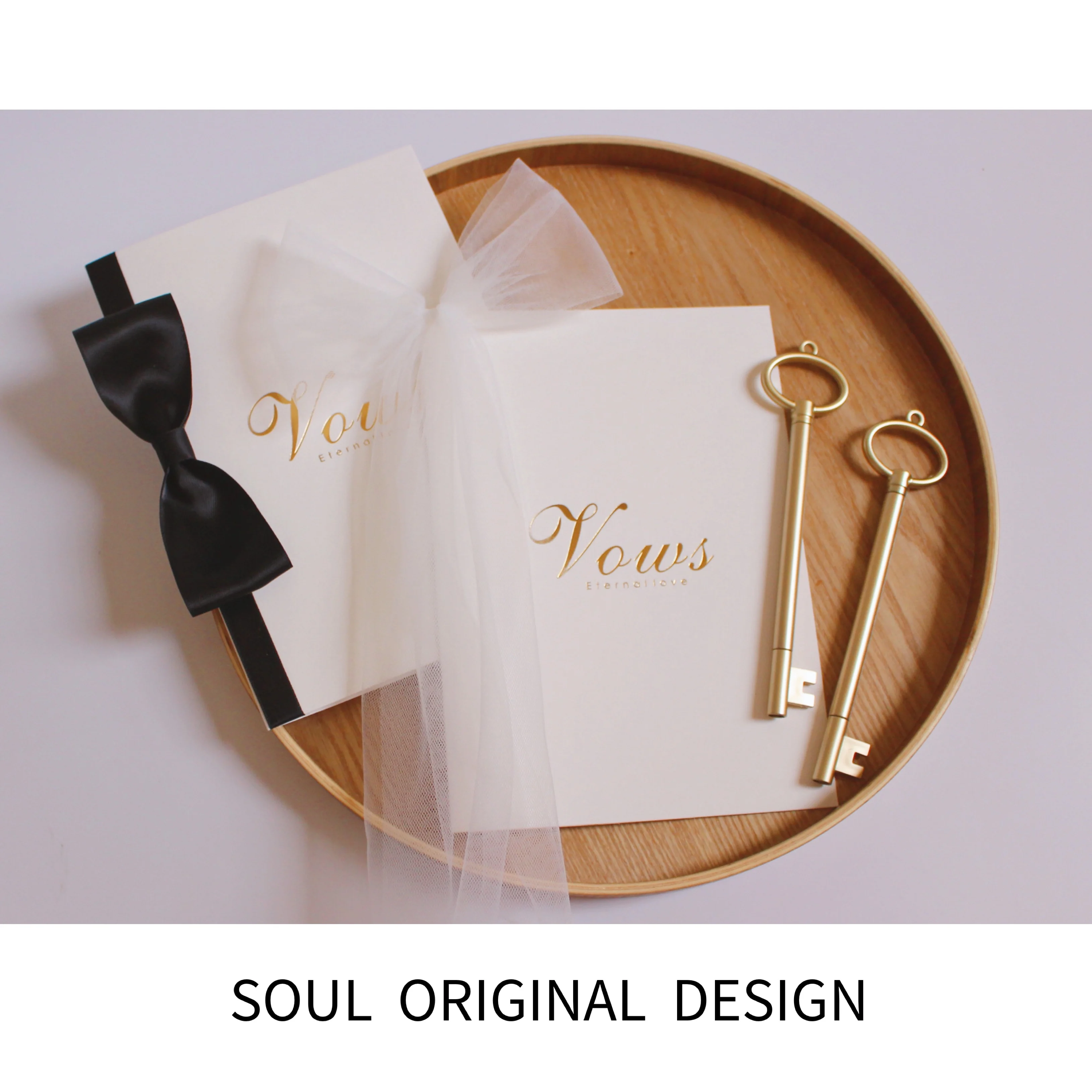 1 Pair INS Style Bronzing Wedding Vows Book Card with Pens  Decoration Invite Gift Book Vow Cards with Ribbons 14x20cm