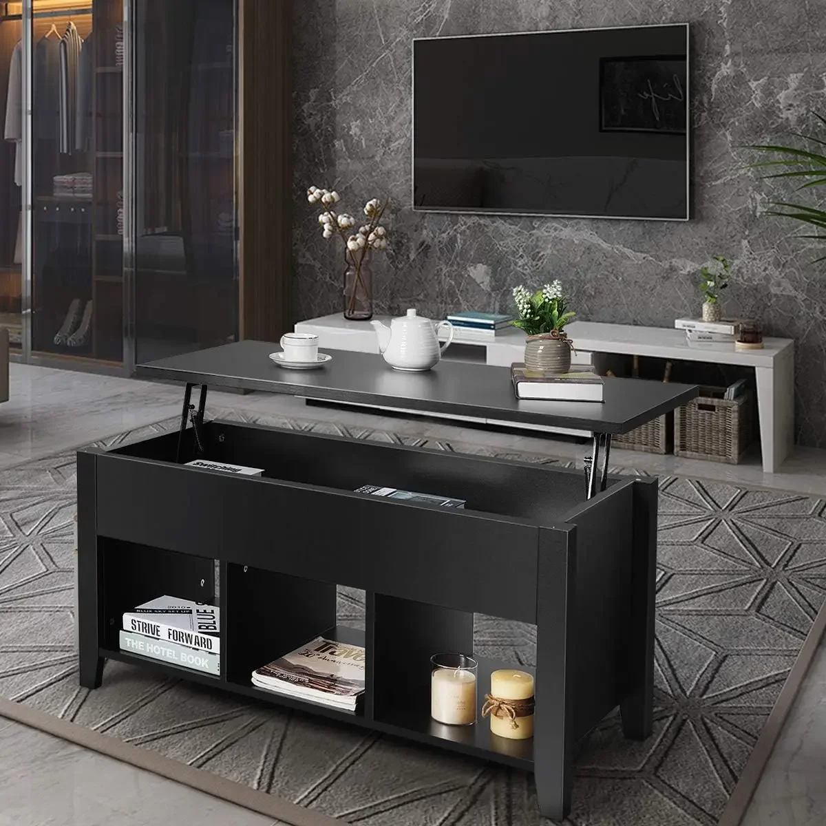 Lift Top Coffee Table, Wood Home Living Room Modern Lift Top Storage Coffee Table w/Hidden Compartment Lift Tabletop Furniture 4