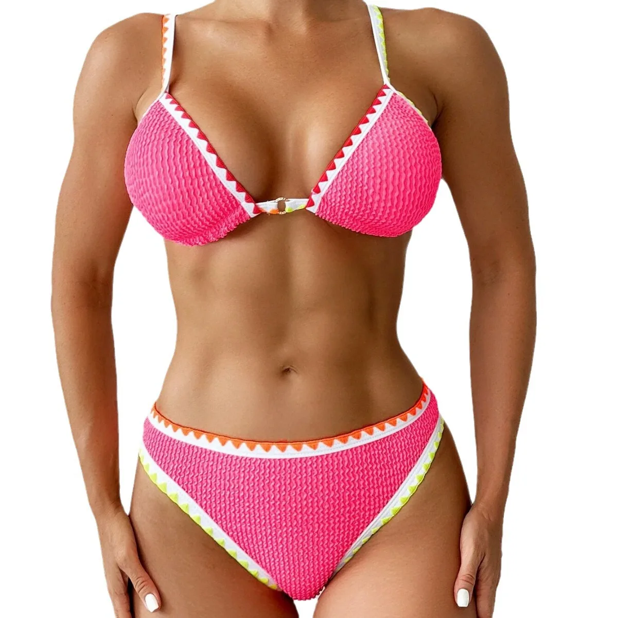 

Sporty Push Up Bikinis Women Solid Pink Swimwear 2024 Ribbed Cut Out Beachwear Bathing Suit Triangle Swimsuit Brazilian Biquini