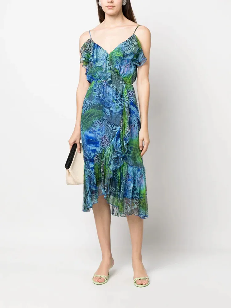 

y2k summer active print halter sleeveless Women's dresses2023 fashion elegant ruffle lace sexy backless dresses for prom