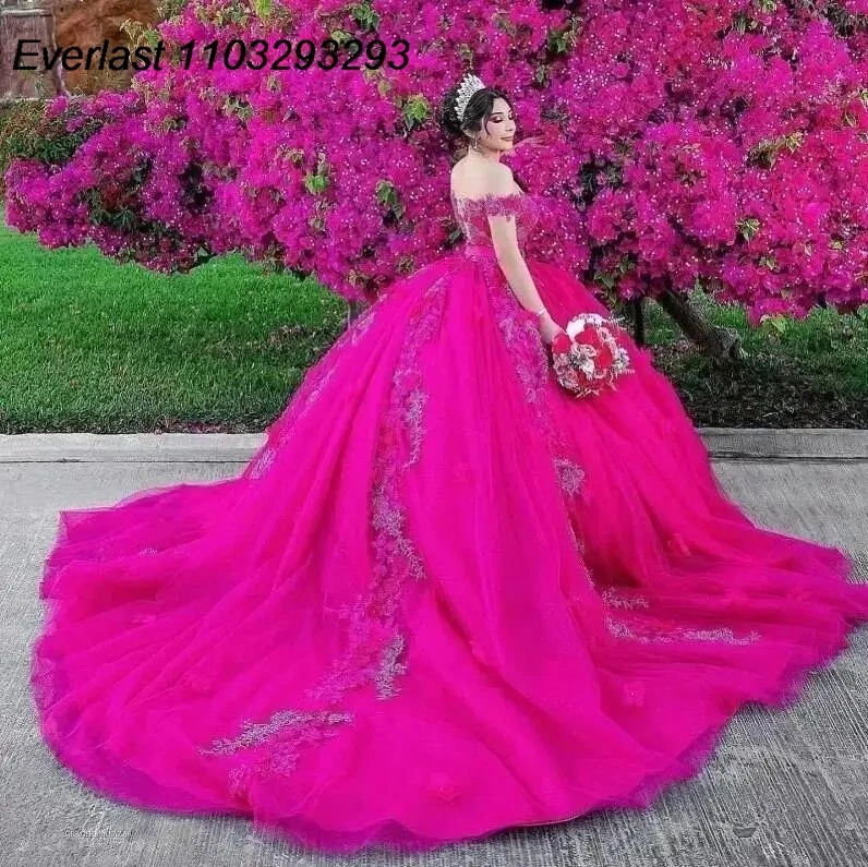 EVLAST Fuchsia Quinceanera Dress Ball Gown Floral Applique Beaded Crystal Mexico Sweet 16 Vestido 15 De A&ntilde;os TQD252