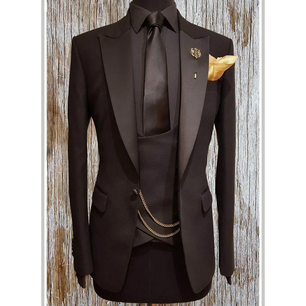 New 2023 Costume Homme Black Peak Lapel Men Suits 3 Pieces Slim Fit Suits Groom Tuxedos Terno Wedding Blazer (Jacket+Pants+Vest)