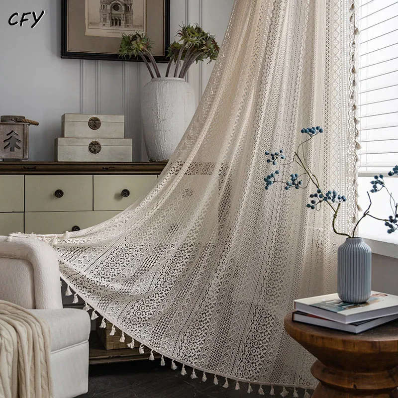 

Cotton Bohemia Geometry Knitted Openwork Window Curtain with Tassels Semi-shading Valance for The Luxury Living Room Curtains