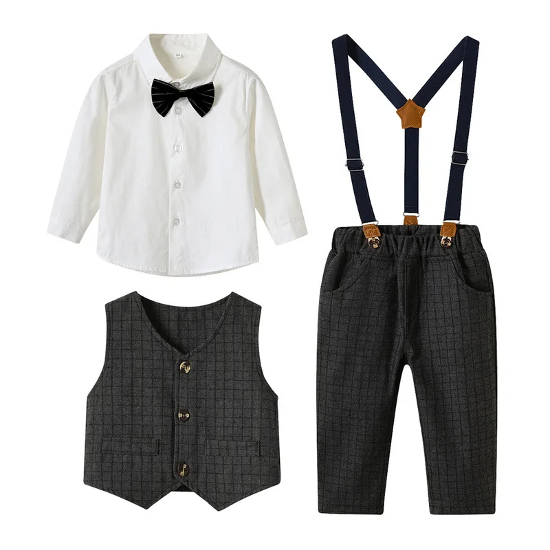

2023 boys' suit spring Korean version new children's long-sleeved cotton shirt retro waistcoat pants three-piece set
