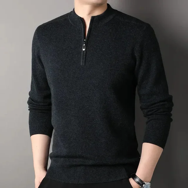 thumbnail image 1 of Suéter de lana de invierno para hombre, nueva camisa de punto con cremallera gruesa de lana pura, jersey para hombre de mediana edad, cuello alto medio, 1 of 5