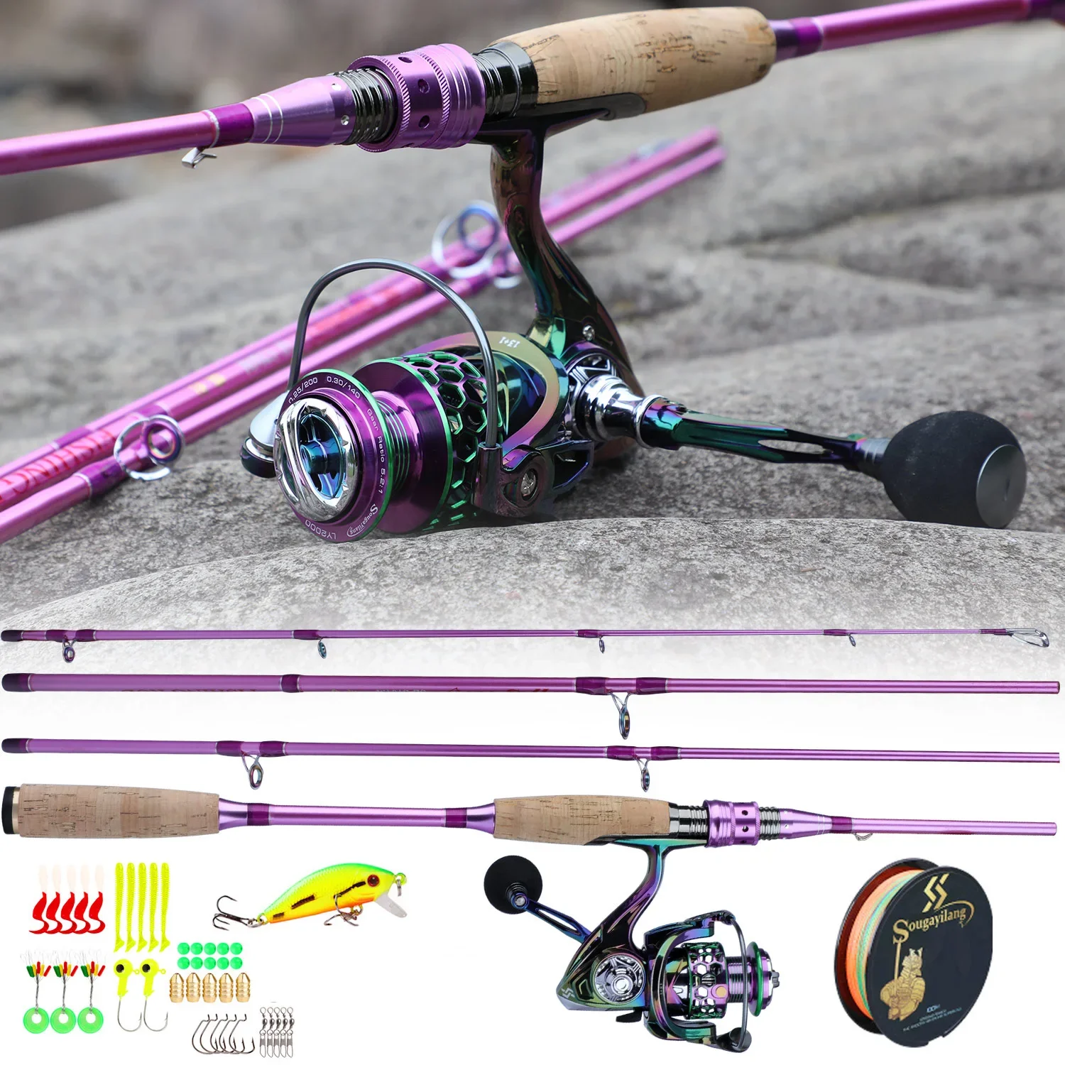 Sougayilang Fishing Rod and Reel Combo Set Spinning Fishing Reel and  Spinning Rods Fishing Line Lure Bag Hooks Float Full Set