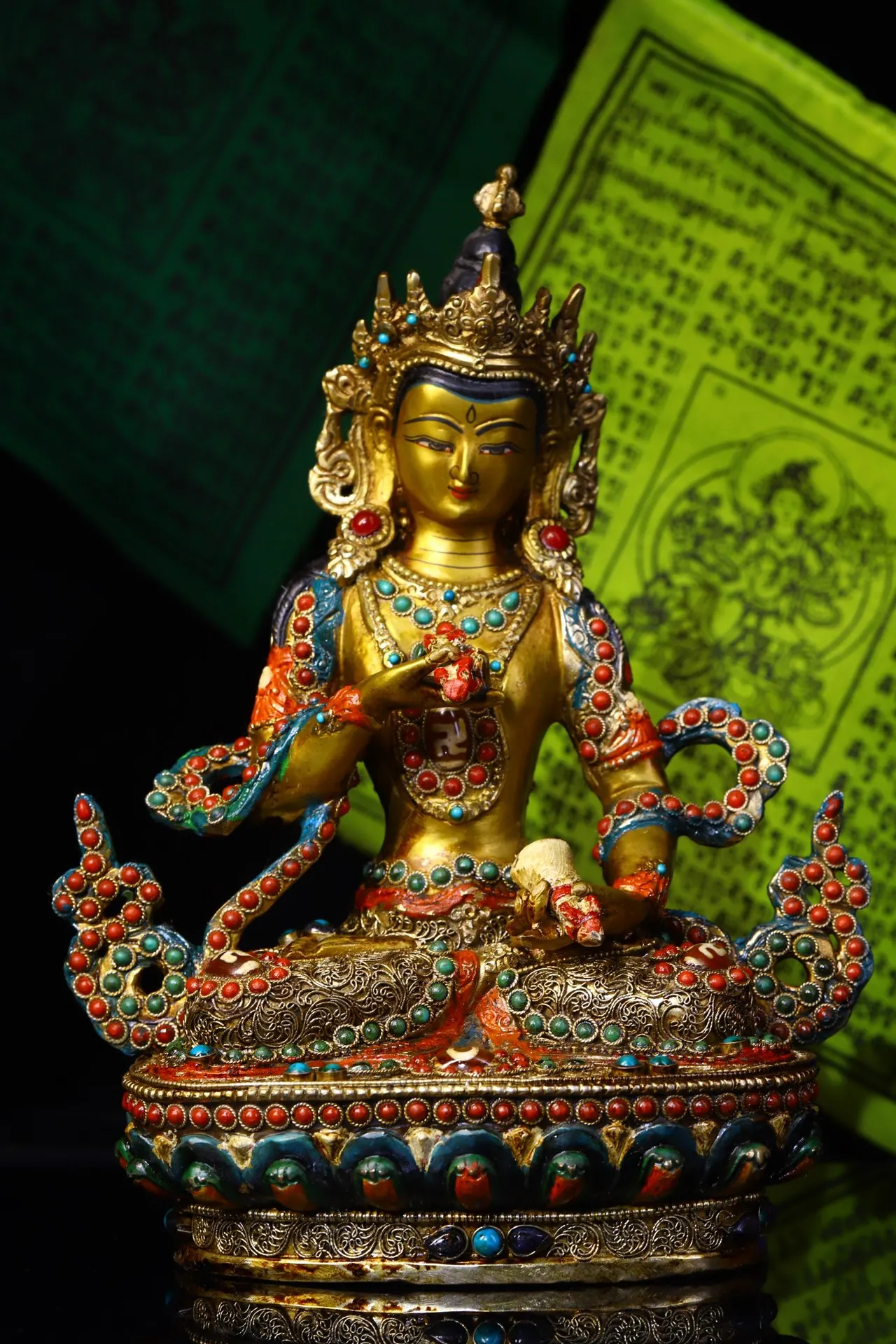 

9"Tibetan Temple Collection Old Bronze Outline in gold Mosaic Gem Vajrasattva Sitting Buddha Lotus Platform Worship Hall