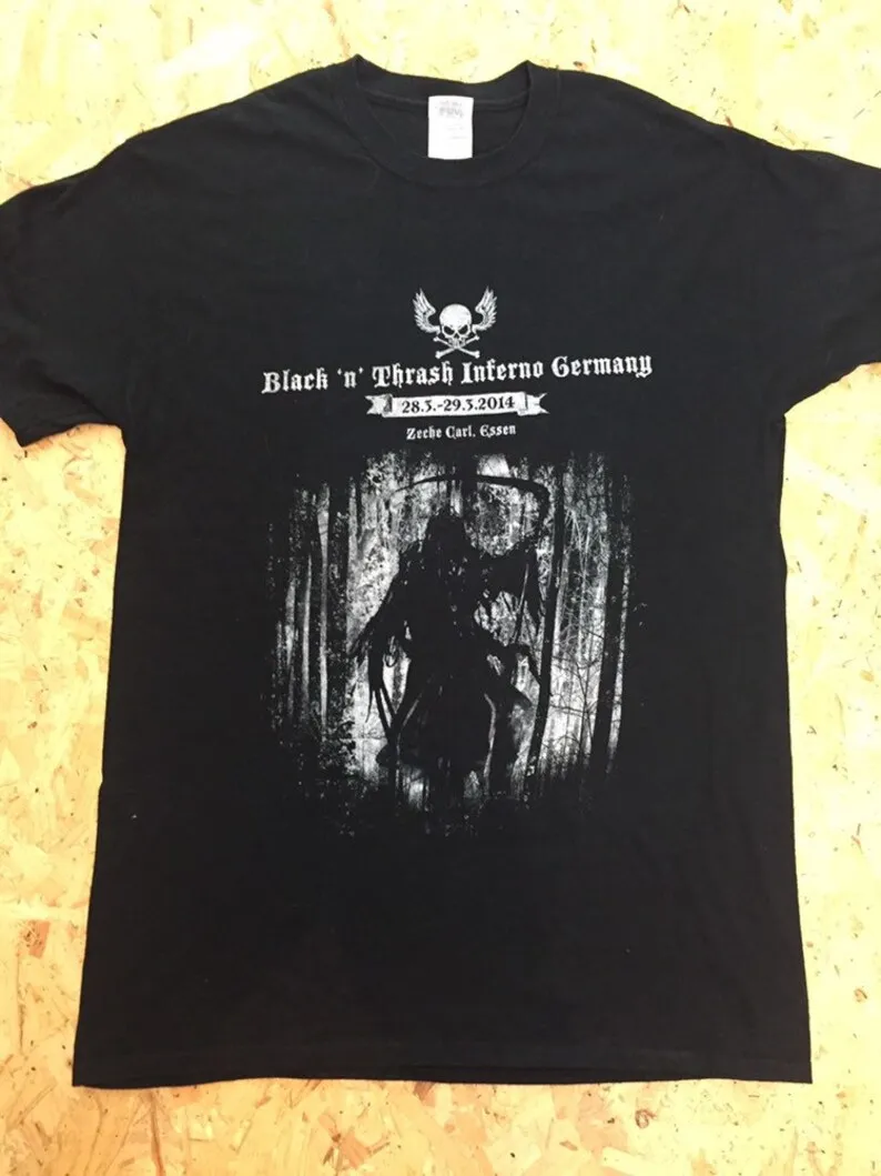 Black N Thrash Inferiore Metal Festival Memorabilia T Shirt Germania 2014 Taglia Medio Lungo O Maniche Corte