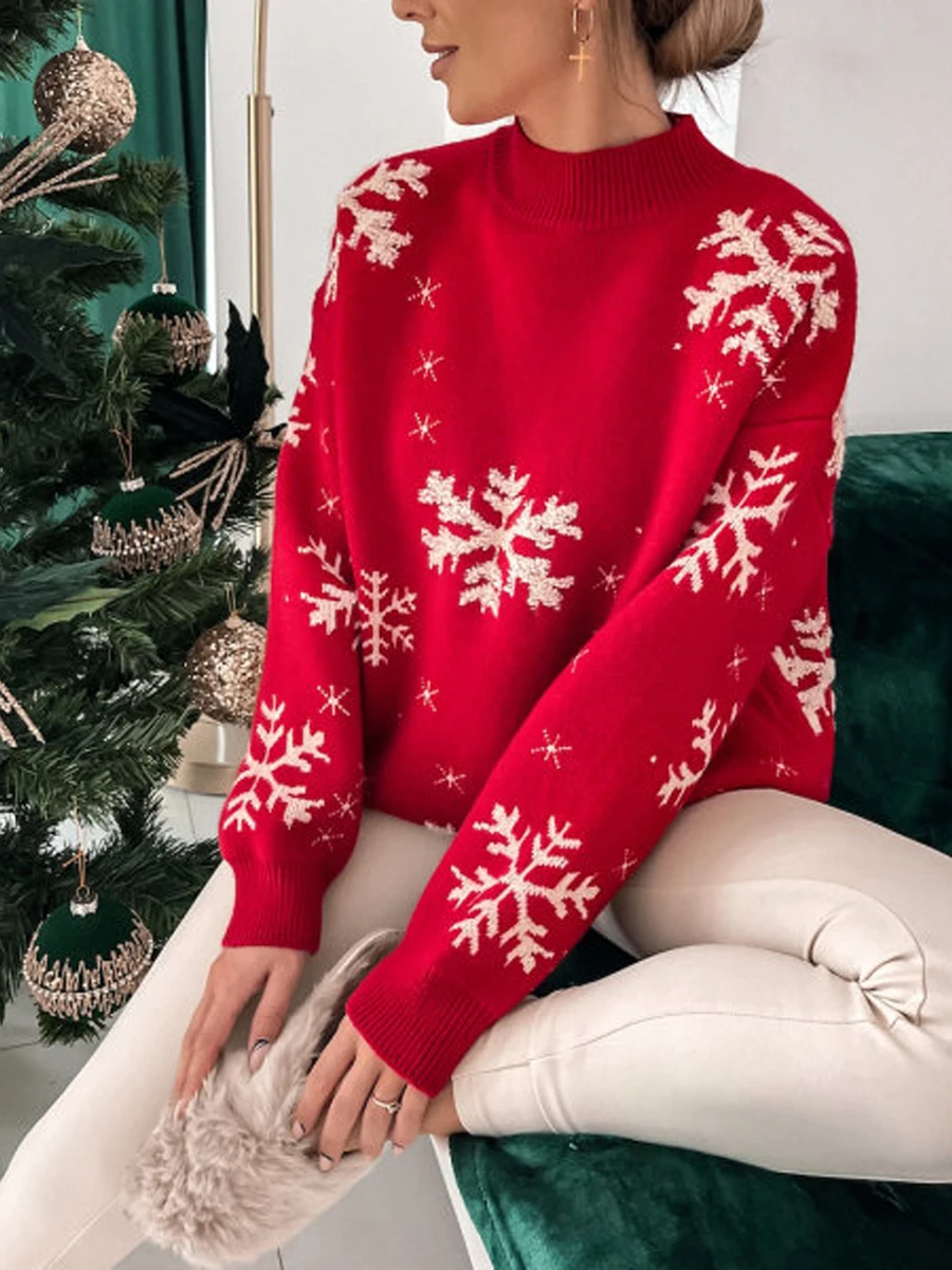 Women s Cozy Knit Sweater with Snowflake Print Loose Fit Pullover Top for Autumn Christmas and Streetwear Fashion