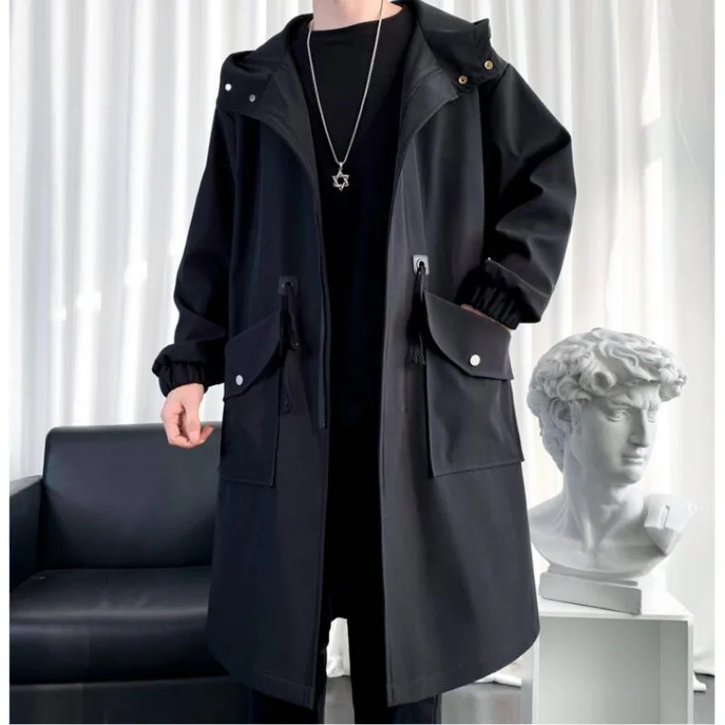 Korean Style Spring Trench Coat Hooded Loose Big Pockets Windbreaker Windproof Men Daily High Street Overcoat Men Clothes