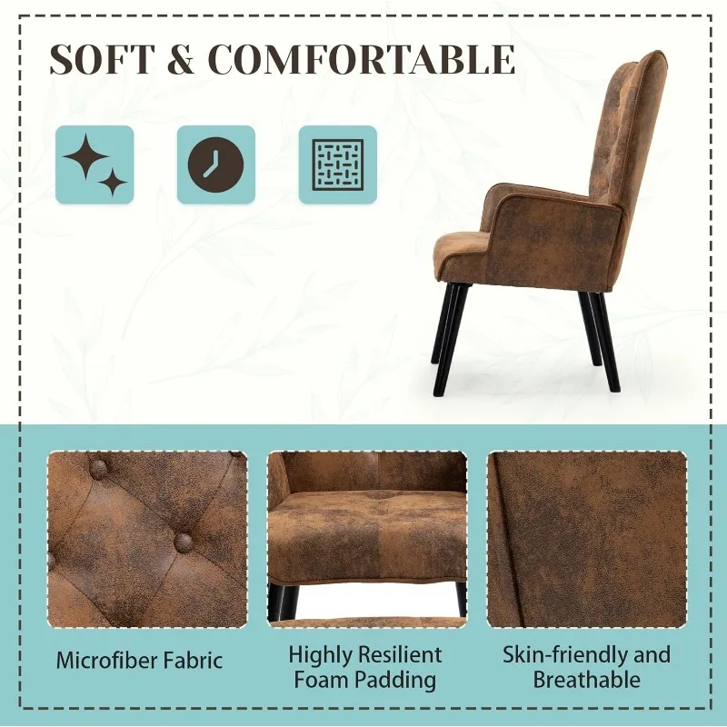 WingBack Chair, Rustic Accent Chair with Arms Upholstered, Button Backrest for Living Room (Brown) 4