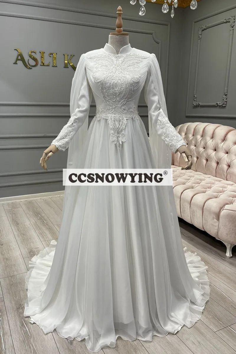 

Elegant Chiffon Appliques Muslim Wedding Dress for Bride Long Sleeve High Neck Bridal Dresses Arabic Dubai Robe De Mariée