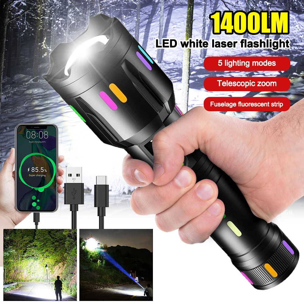 Strong light long-range White Flashlight LEP Type C Rechargeable Tactical Military Search digital electric display fluorescent