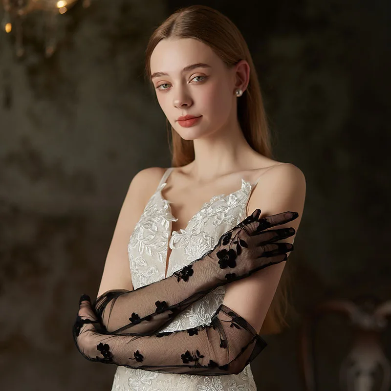 WG126 Elegant Bridal Long Gloves Soft Tulle Black Embroidered Flowers Finger Elbow Wedding Pageant Prom Gloves