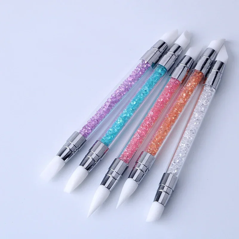 Nail Art Tools Nail Art Pen Nail Art Brush 1 Pcs Dual-Ended Silicone Head Carving Dotting Pen Nail Art Brushes Rhinestone Crystal Handle Tool For DIY Gel Manicure Tools