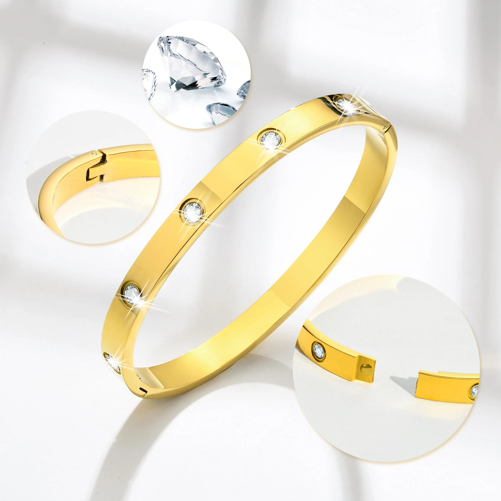 Vnox Stainless Steel Women Bangle Bracelet Luxury Solid Gold Plated Love Cuff Bracelets US Europ Fashion Daily Ins Jewelry