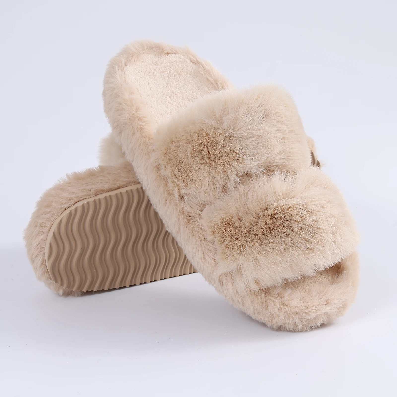 Women Winter Fuzzy Plush Open Toe Slippers