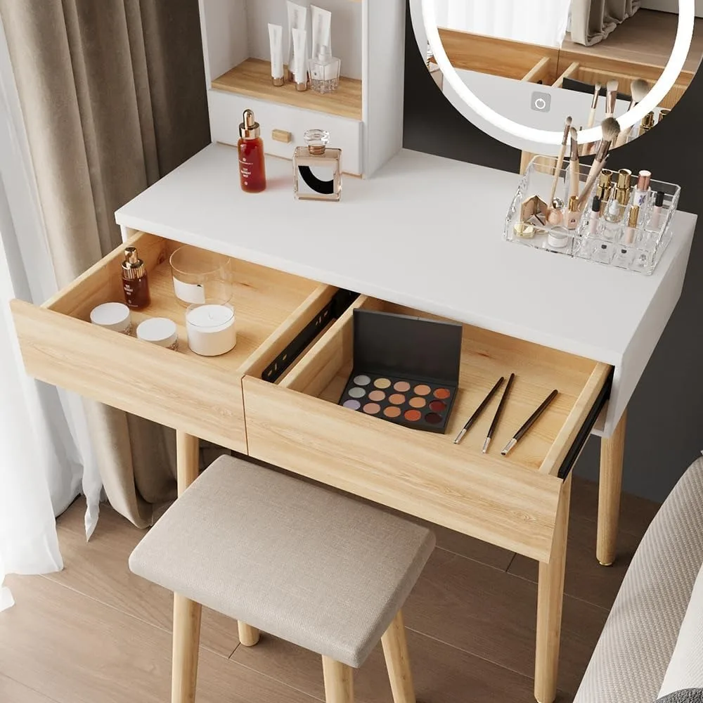 Makeup Vanity Desk with Lights, Small Vanity with Adjustable Brightness Mirror, Desk Drawers and Storage Shelves