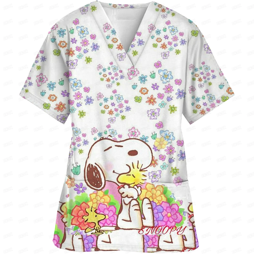 Surgical Wear Work Clothes Cartoon Snoopy print Hand Washing Nurse Uniform Women's V Neck Short Sleeve T-Shirt Tops 2