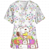 Surgical Wear Work Clothes Cartoon Snoopy print Hand Washing Nurse Uniform Women's V Neck Short Sleeve T-Shirt Tops 2