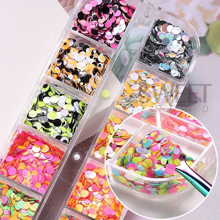 12 Grids Fluorescent Round Sequins Nail Glitter Sparkle Bubble Circle Flakes Polka Dot Design Slice Spangles Holo Manicure Decor