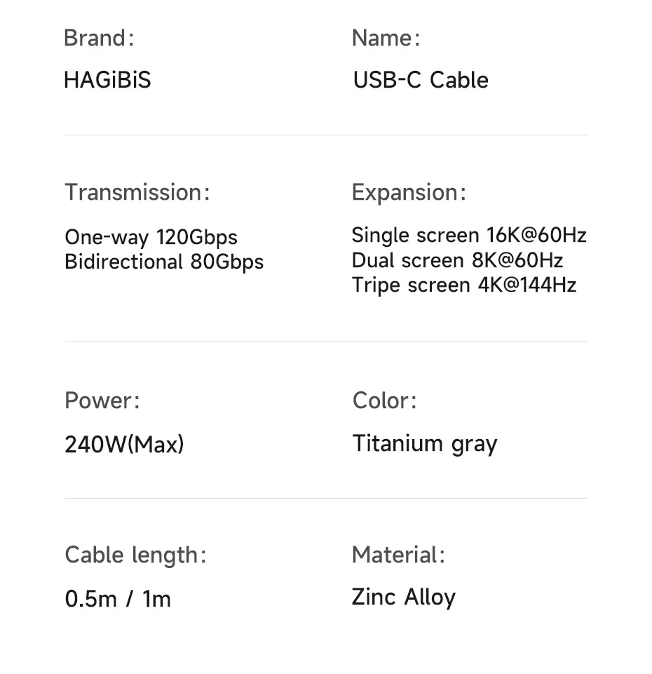 Hagibis Thunderbolt 5 USB-C Cable 120Gbps 240W 16K