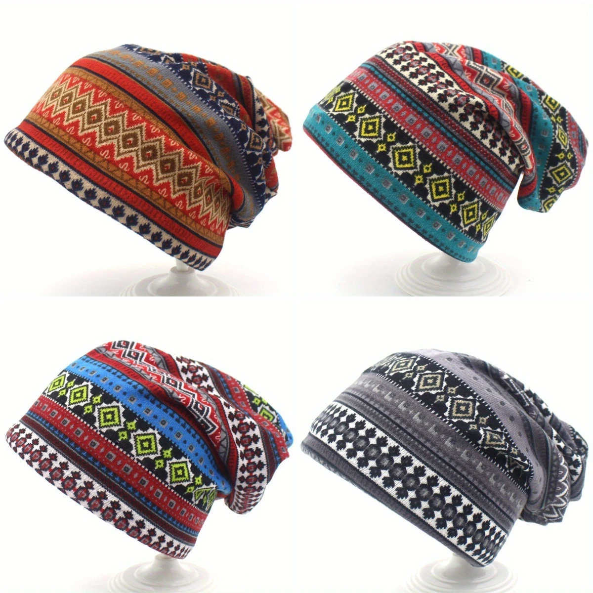Bohemia Geometric Print Skullies Cap Autumn and Winter Thicken Knitted Hat Warm Beanies Hat Scarf for Men and Women