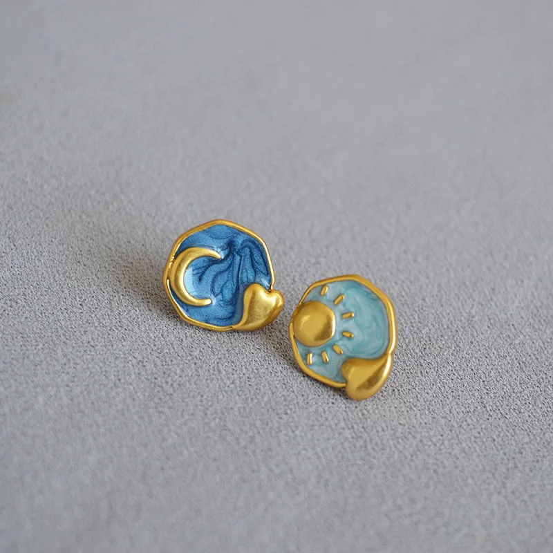 Starry Sky Moon & Sun Earring Romantic Handmade Enamel Glaze Gold-plated Brass 925 Silver Needle Stud Earrings