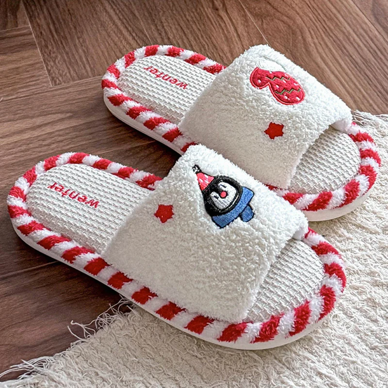 Cute Cartoon Embroidery Linen Slippers Women 2025 Korean Non Slip Home Slippers Woman Open Toe Soft Sole Indoor Slides Female