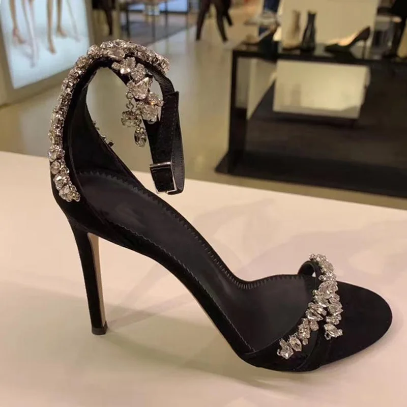 

Hand Sewn Rhinestone Straight Strap Sandals For Female Celebrities French High-heeled Shoes With Thin Heels