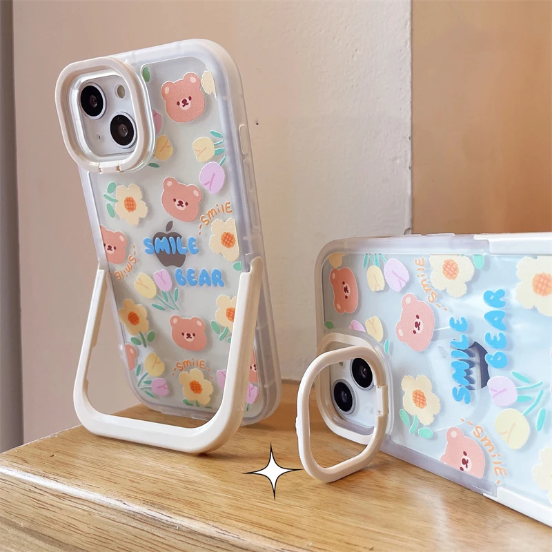 11 cases Cute Camera Lens Flip Holder Phone Case For iphone 13 12 11 Pro Max X XR XS Max Cover Cartoon Bear Flower Soft Protective Cases iphone 11 case with card holder