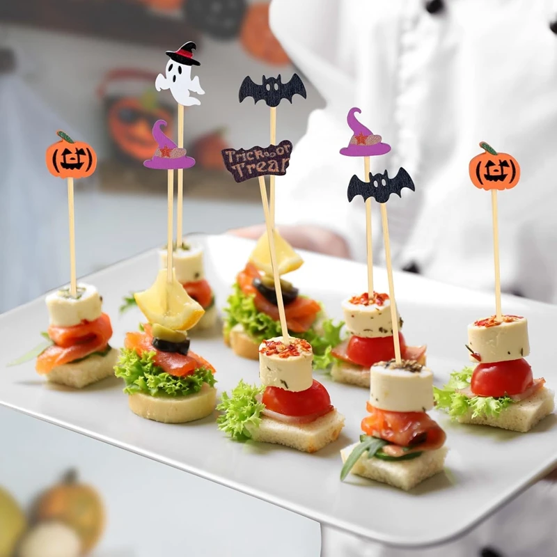 50/100Pcs Halloween Party Zahnstocher Einweg Bambus Spieße Kürbis Geist Obst Gabel Kuchen Dessert Cocktail Stick Dekorationen – Detail 2