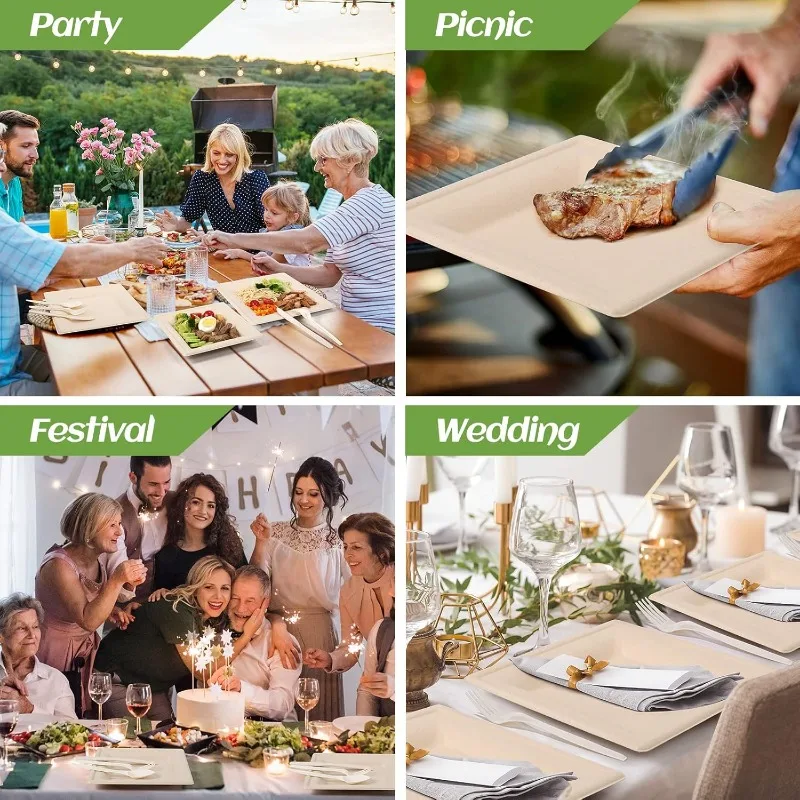 Compostable Party Paper Plates Set -[300 Pcs] 10 inch&8 inch Square Brown Paper Plates Heavy Duty, Utensils and Napkins-Eco