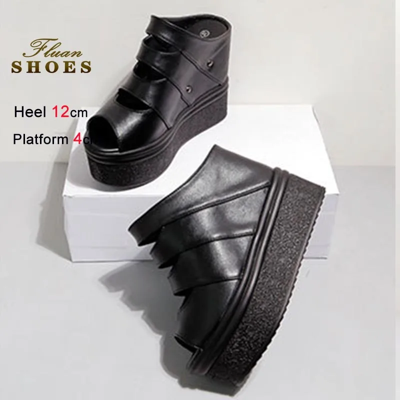  Summer New Hollow Out Slippers Thick Soled Women Sandals Black Super High Heels Peep-toe Slippers Casual Wedge Heel Shoes, view 3