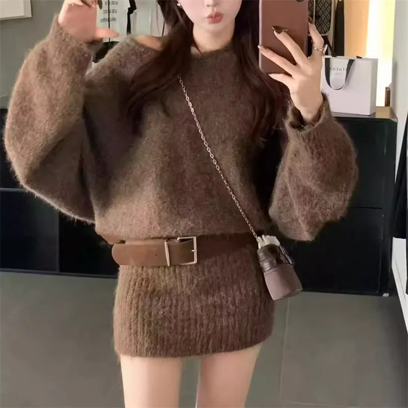 Women Knit Pullover Sweater Bat Sleeve Sexy Long Knitwears Hip Skirt Sweater with Sashes Vintage Autumn Winter Knitted Jumpers