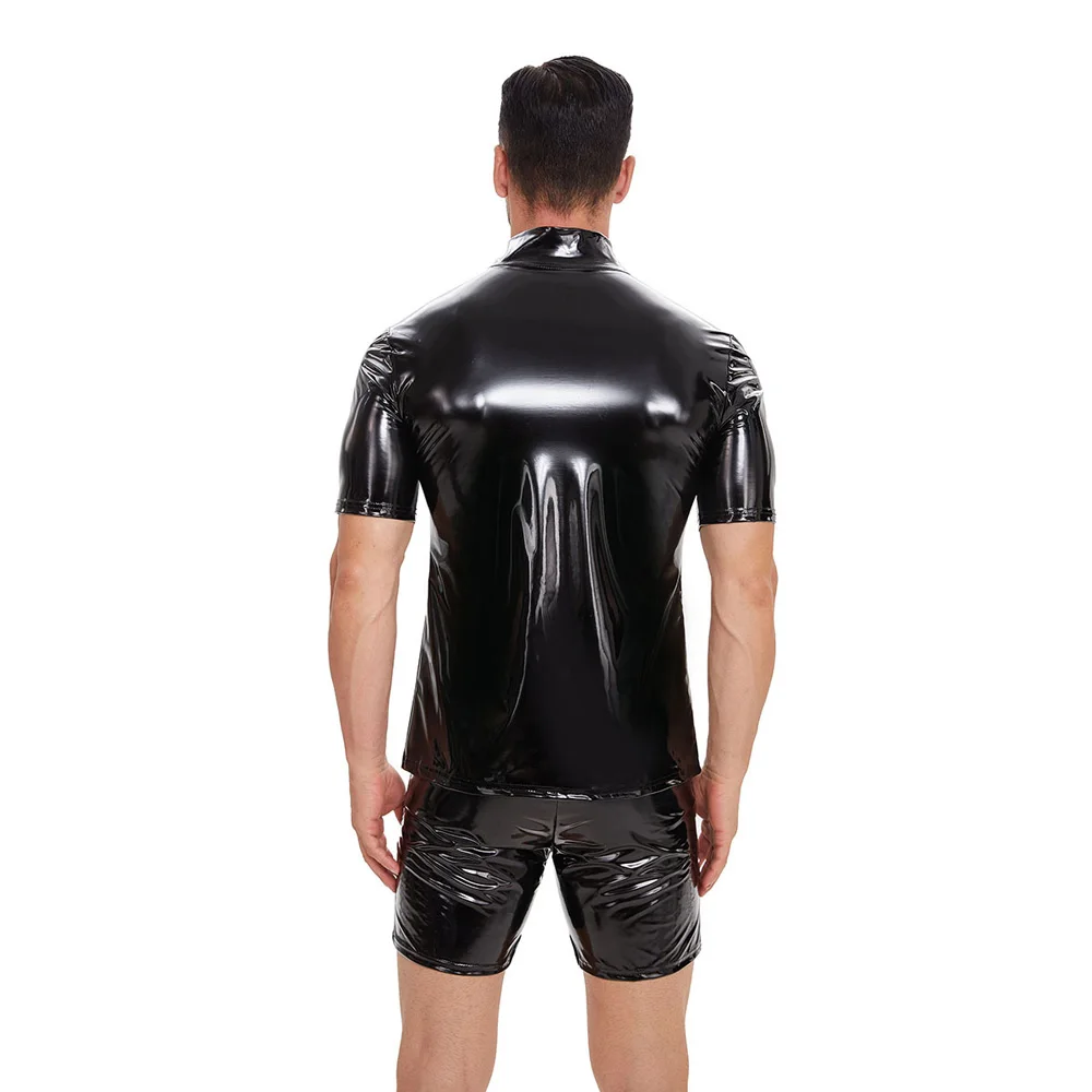 Neue Glänzende Kunstleder-Jacken Kurzarm T-Shirt Wet-Look PVC T-Shirt Eng Anliegende Sexy Bodybuilding Hot Shapers Muskel-Tops – Detail 5