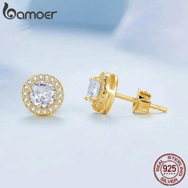 BAMOER Gold Plated Classic Halo Stud Earrings, 925 Sterling Silver Hypoallergenic Elegant Earrings Engagement Wedding Jewelry 2